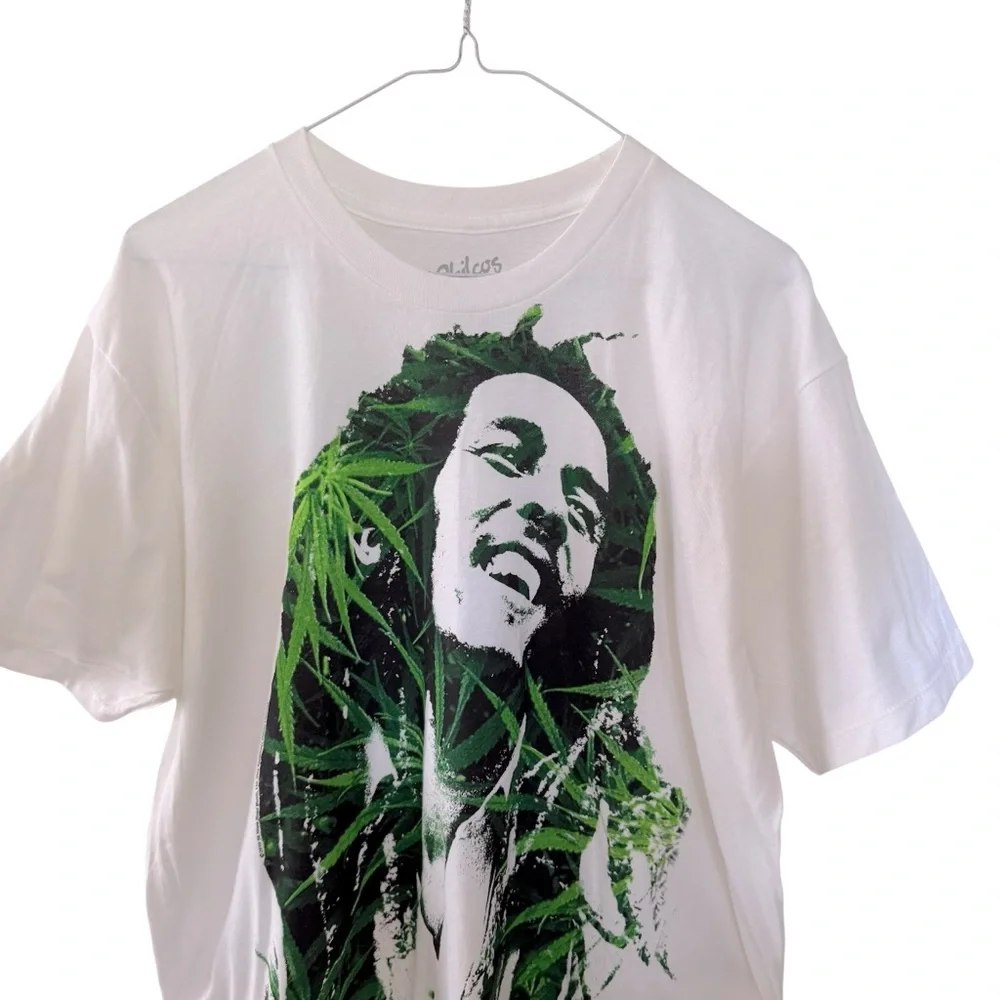 Bob Marley Ganja Weed T Shirt White & Green Cotton Crew Neck Reggae Music NEW - Picture 3 of 13